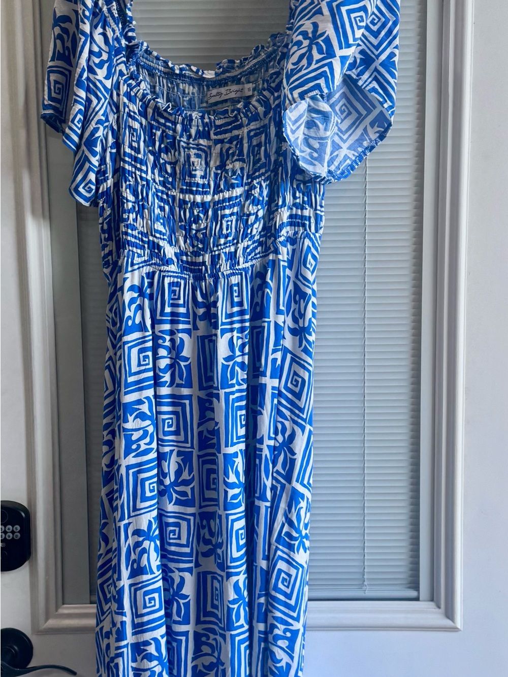 T.J.Maxx Blue and White Geometric Smocked Maxi Dress